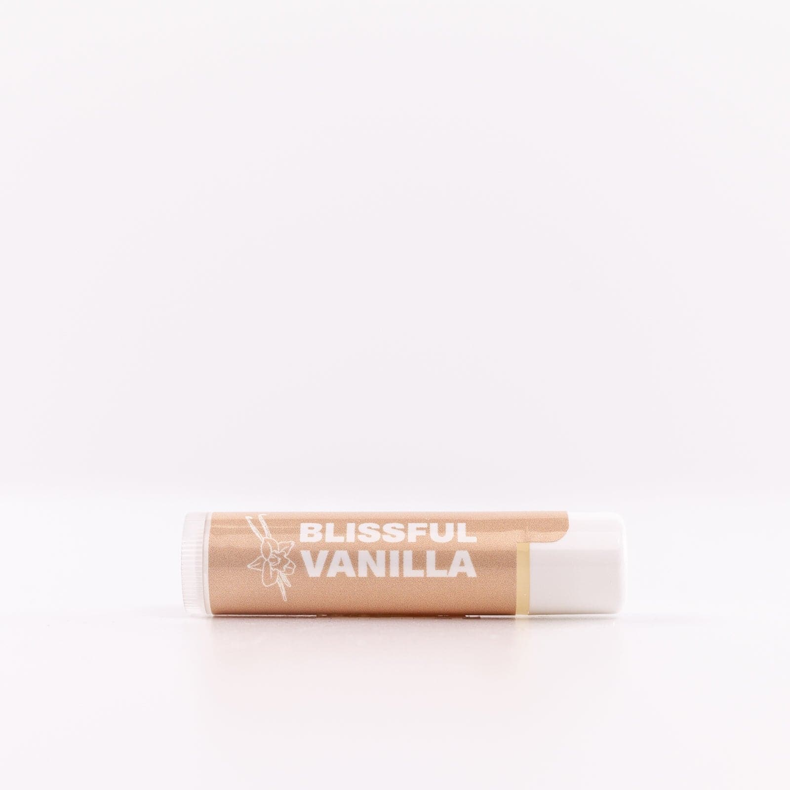 Blissful Vanilla Lip Balm with bronze and white tube against white background