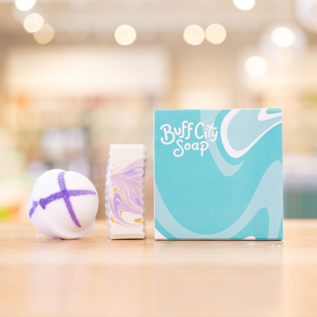 Blue 2 piece gift set package with purple-designed Bath Bomb and Soap Bar 