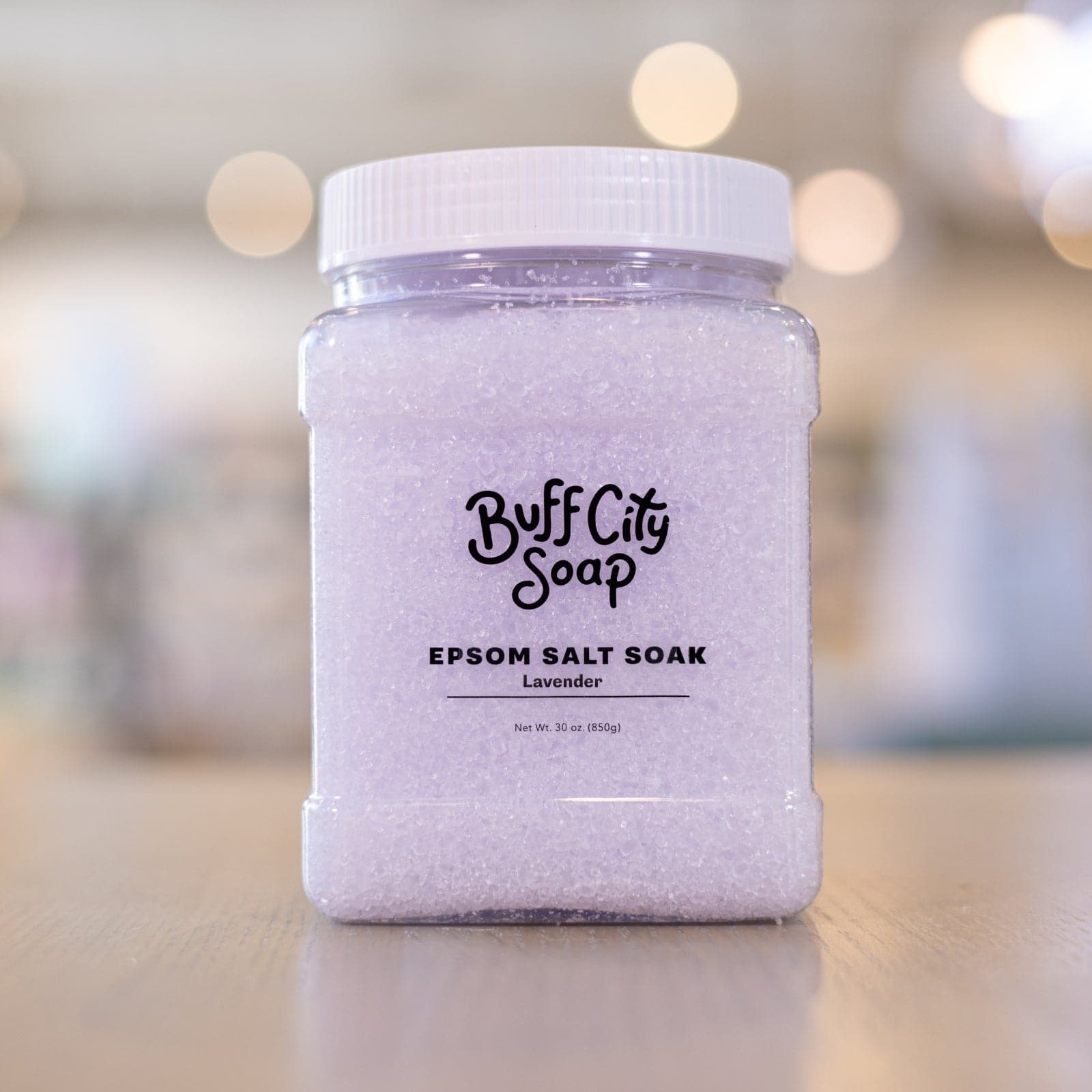 Lavender Epsom Salt Soak in container with white lid 