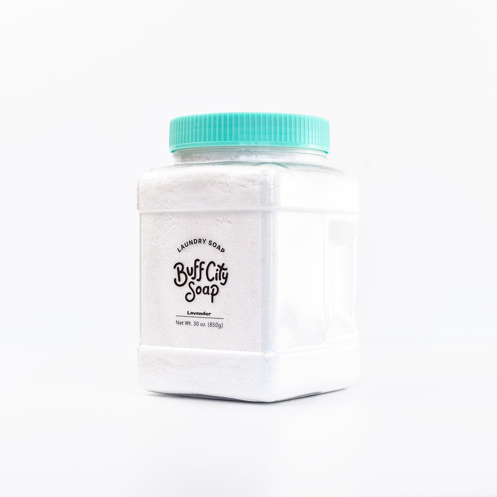 Clear plastic container of Buff City Soap's lavender scented laundry soap with a teal lid 