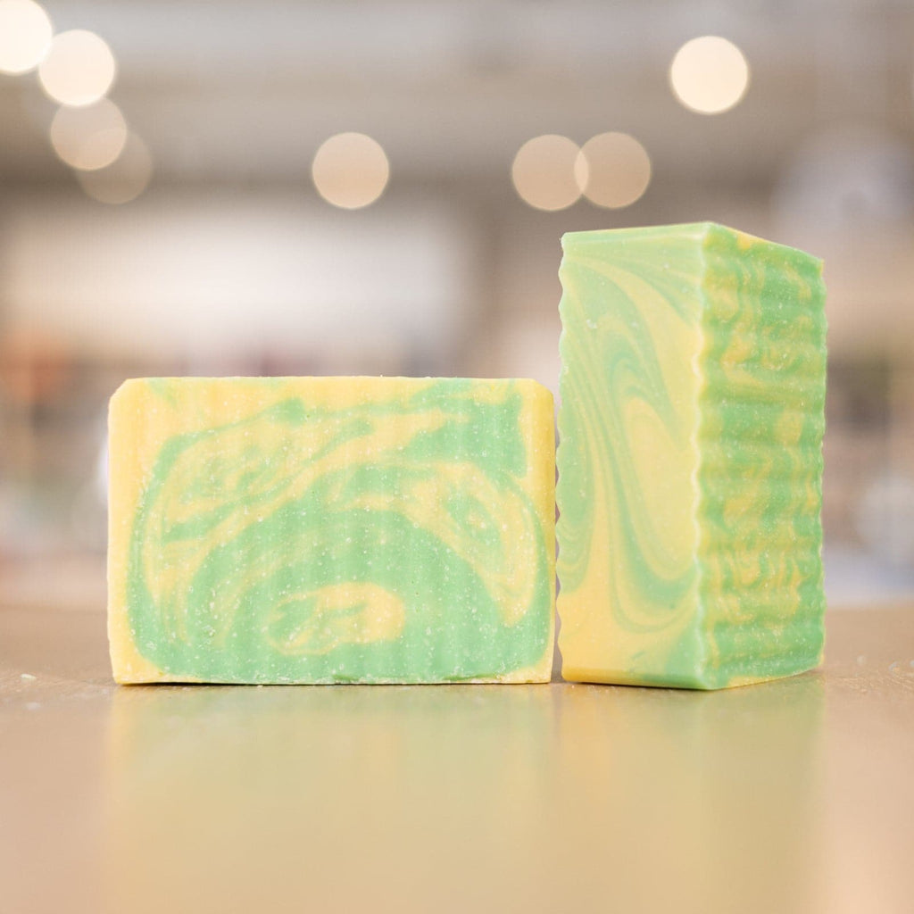 yellow and green colored Buff City Soap's lemongrass + eucalyptus soap