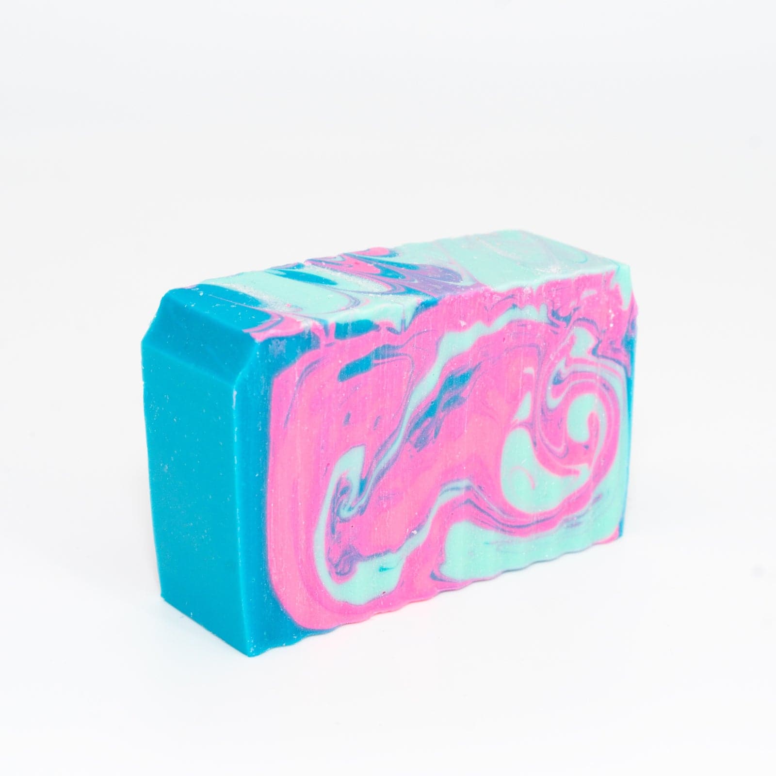 angled right view of blue, light blue, and pink bar of Mermaid soap