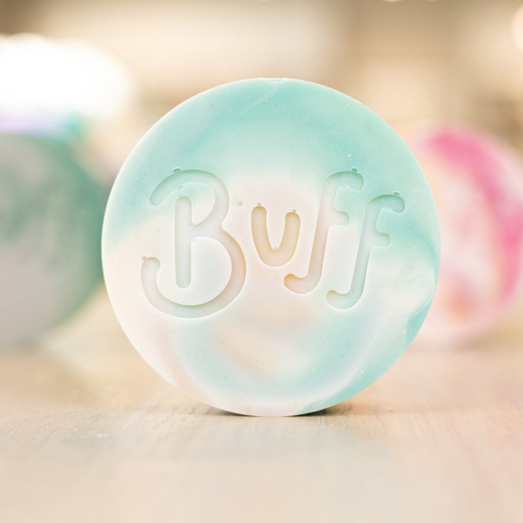 teal and white Narcissist Shave Bar with "Buff" engraved in bar