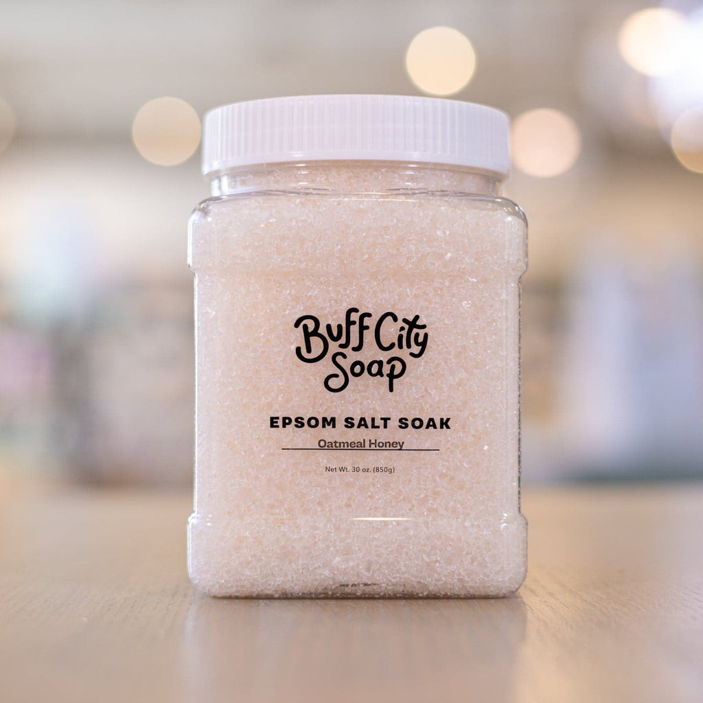 Sealed container of Oatmeal Honey Epsom Salt Soak