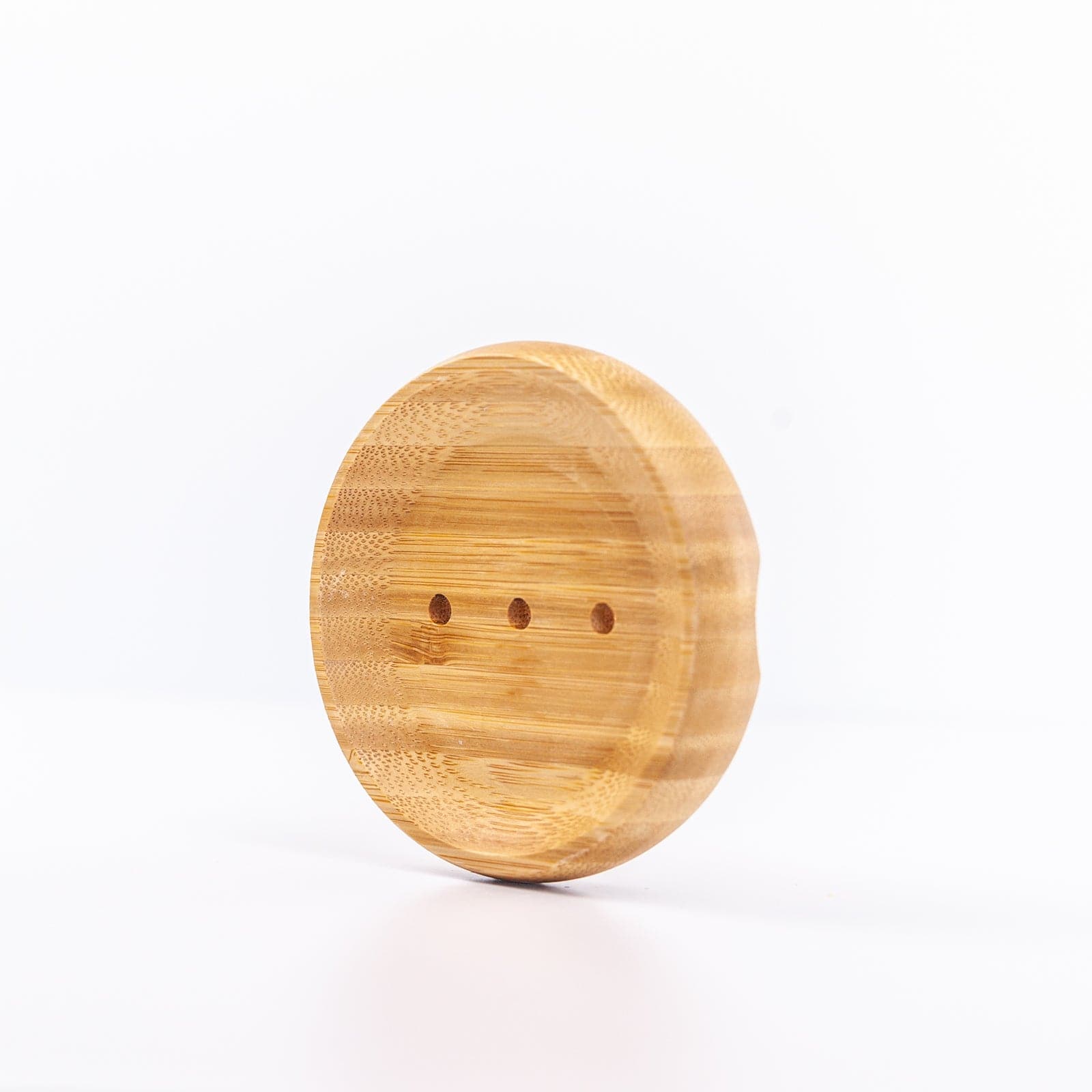 Right angle of round wooden soap dish rightside up